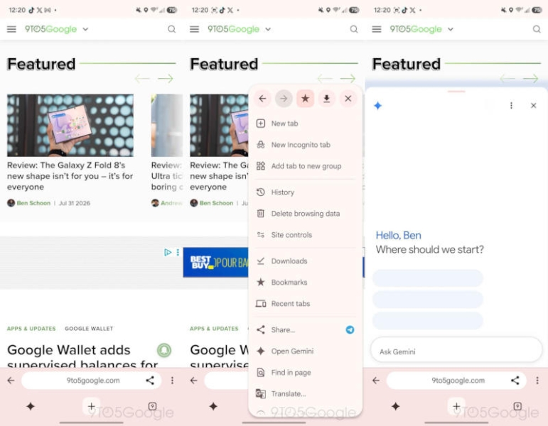 В Google Chrome для Android появилась навигационная панель с кнопкой Gemini