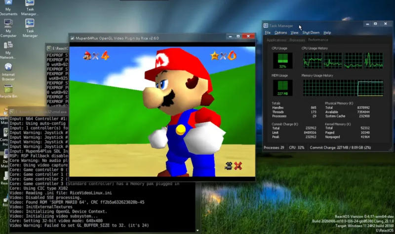 ReactOS на ARM научилась запускать 64-битные Windows-игры для x86 — разумеется, самым окольным путём из возможных